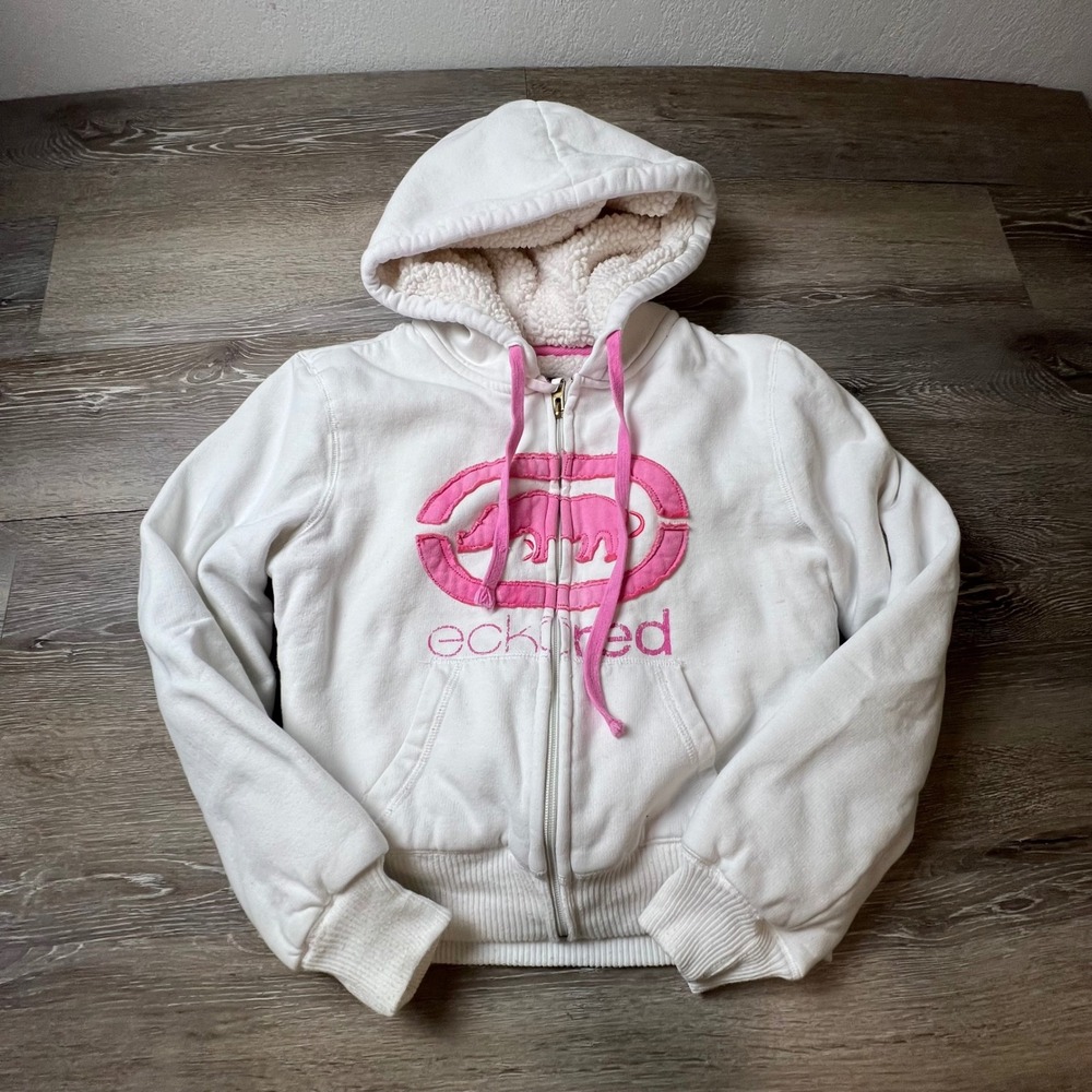 Ecko Red Hoodie Womens Small White Pink Logo Sherpa Lined Y2K Zip Sweatshirt